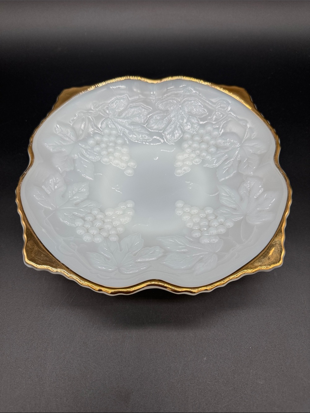Vintage Anchor Hocking White Milk Glass Dish Bowl Embossed Grapes with Gold Trim